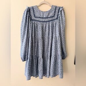 English Factory Blue and White Floral Dress, Crisscross Stitching, XS NWOT